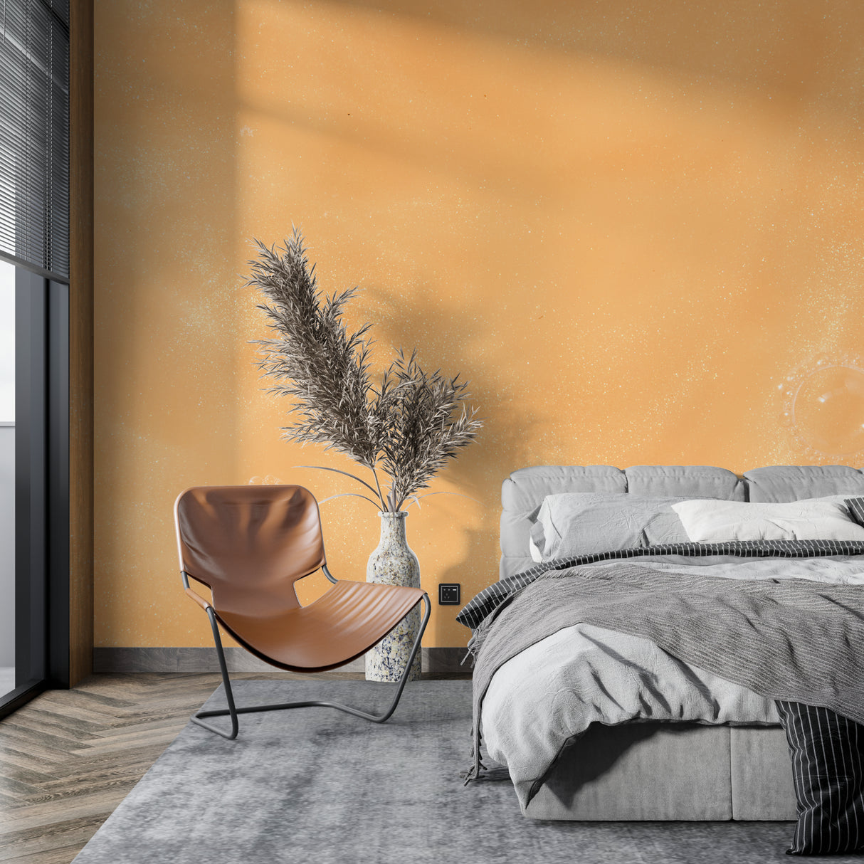 Terracotta mural wallpaper bringing warmth to minimalist hallway