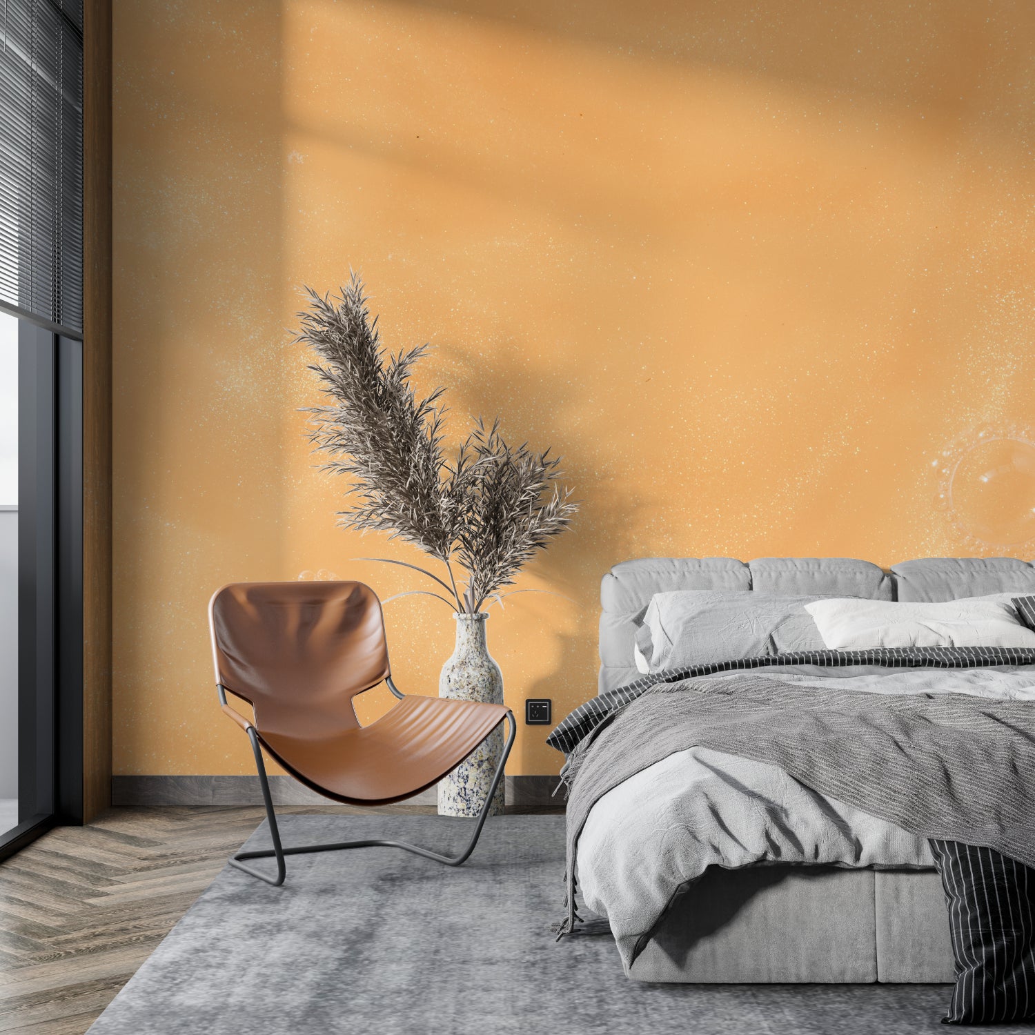 Terracotta mural wallpaper bringing warmth to minimalist hallway