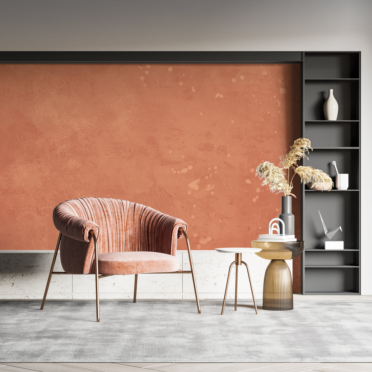 Terracotta wall mural creating cozy atmosphere in home office setting