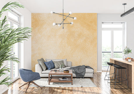 Terracotta wallpaper mural in modern living room creating warm, inviting atmosphere