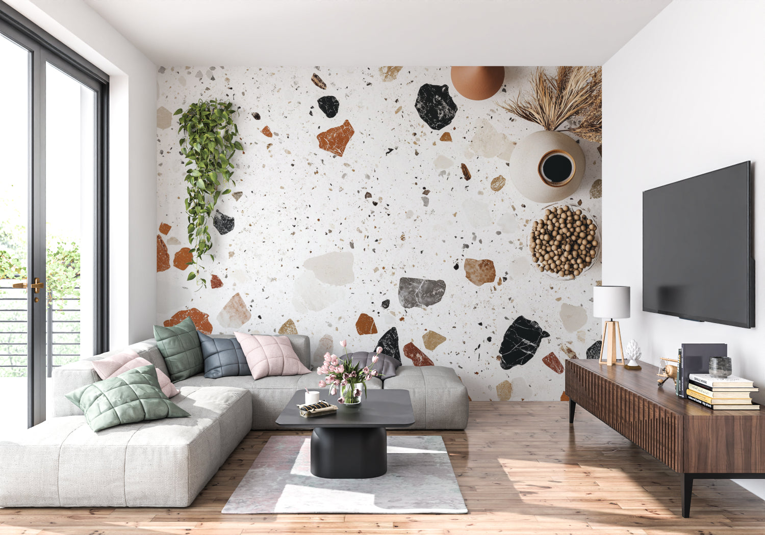 Terrazzo stone pattern mural in stylish dining room with pendant lights