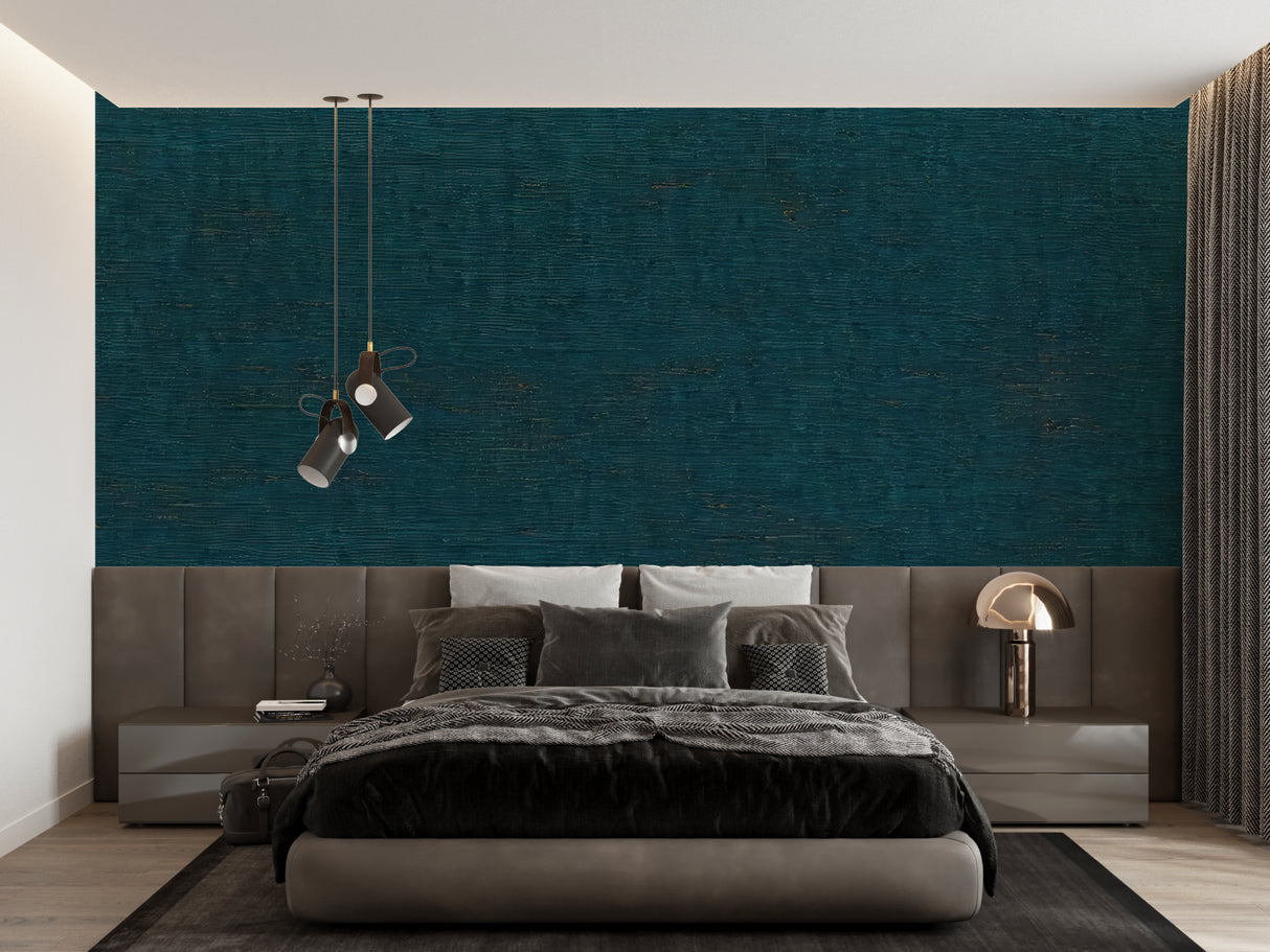 Teal organic pattern wallpaper in a home office with contemporary furniture