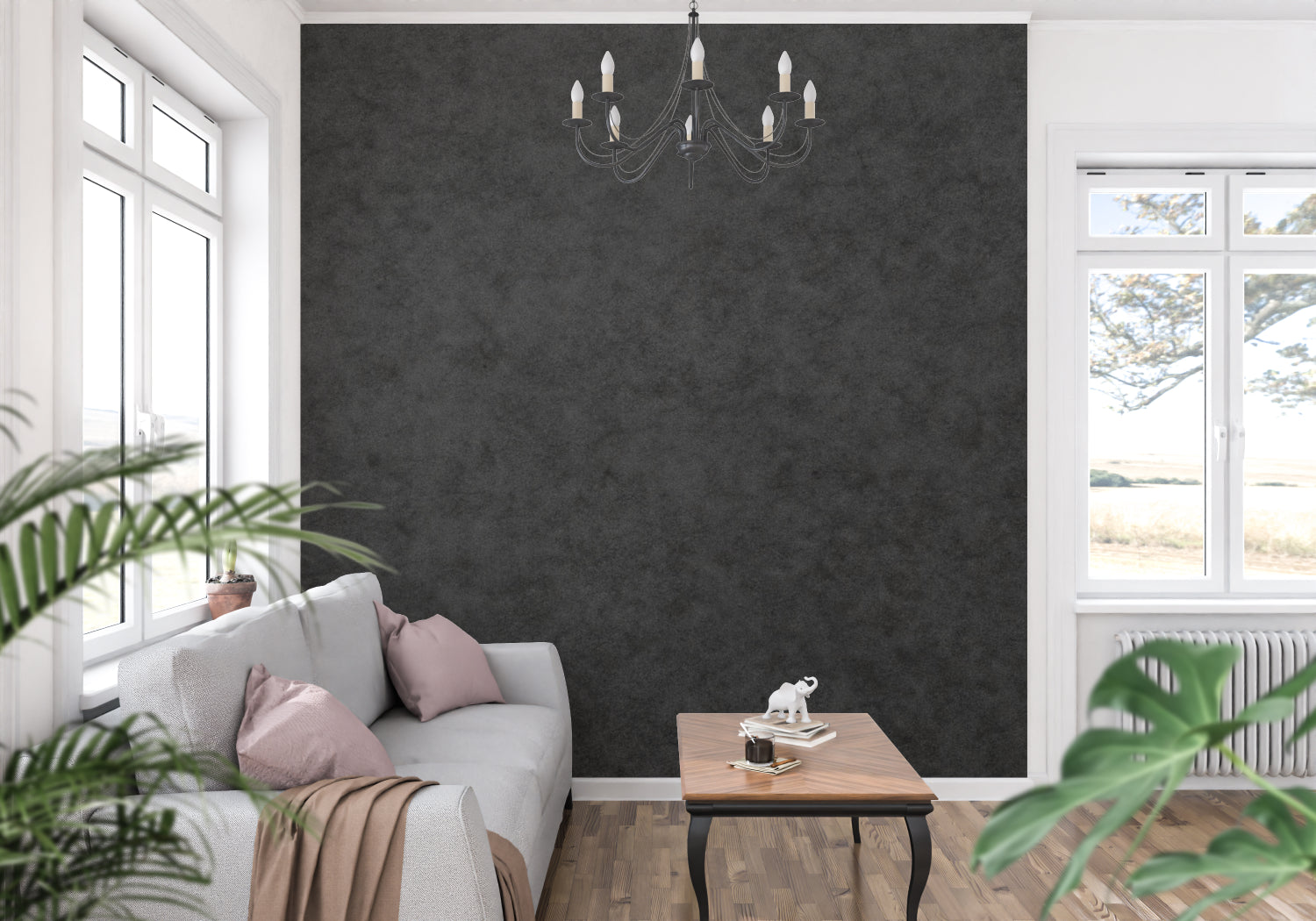 Modern grey wallpaper texture in home office with natural light