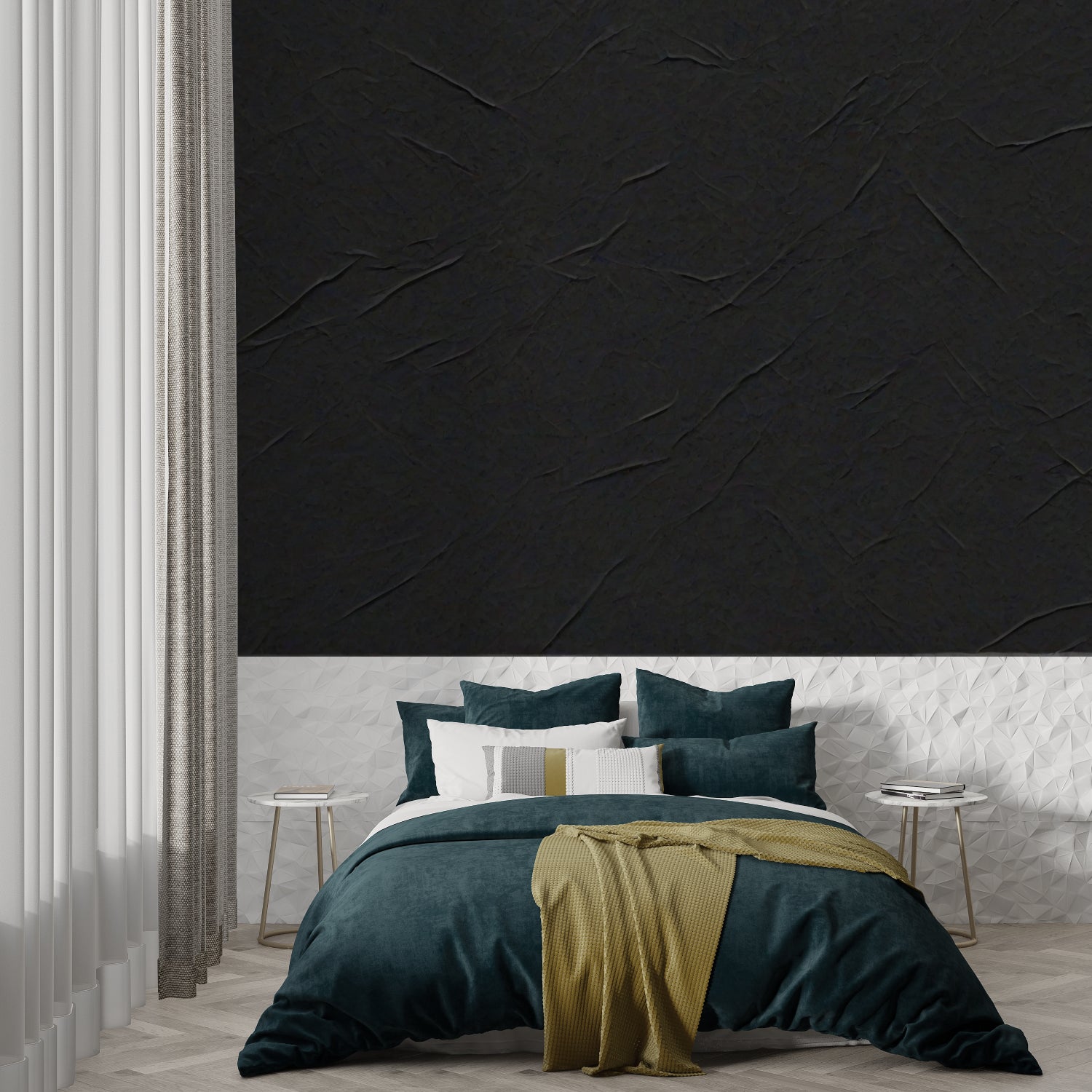 Black stone textured wallpaper in modern living room with grey sofa and natural light