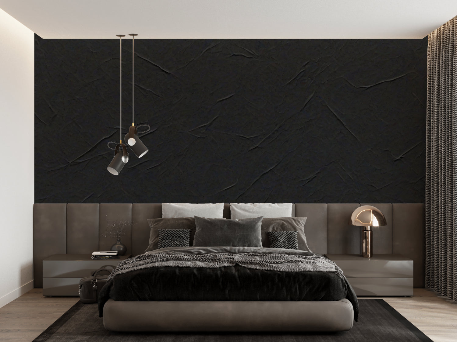 Modern black textured wallpaper in master bedroom with white bedding