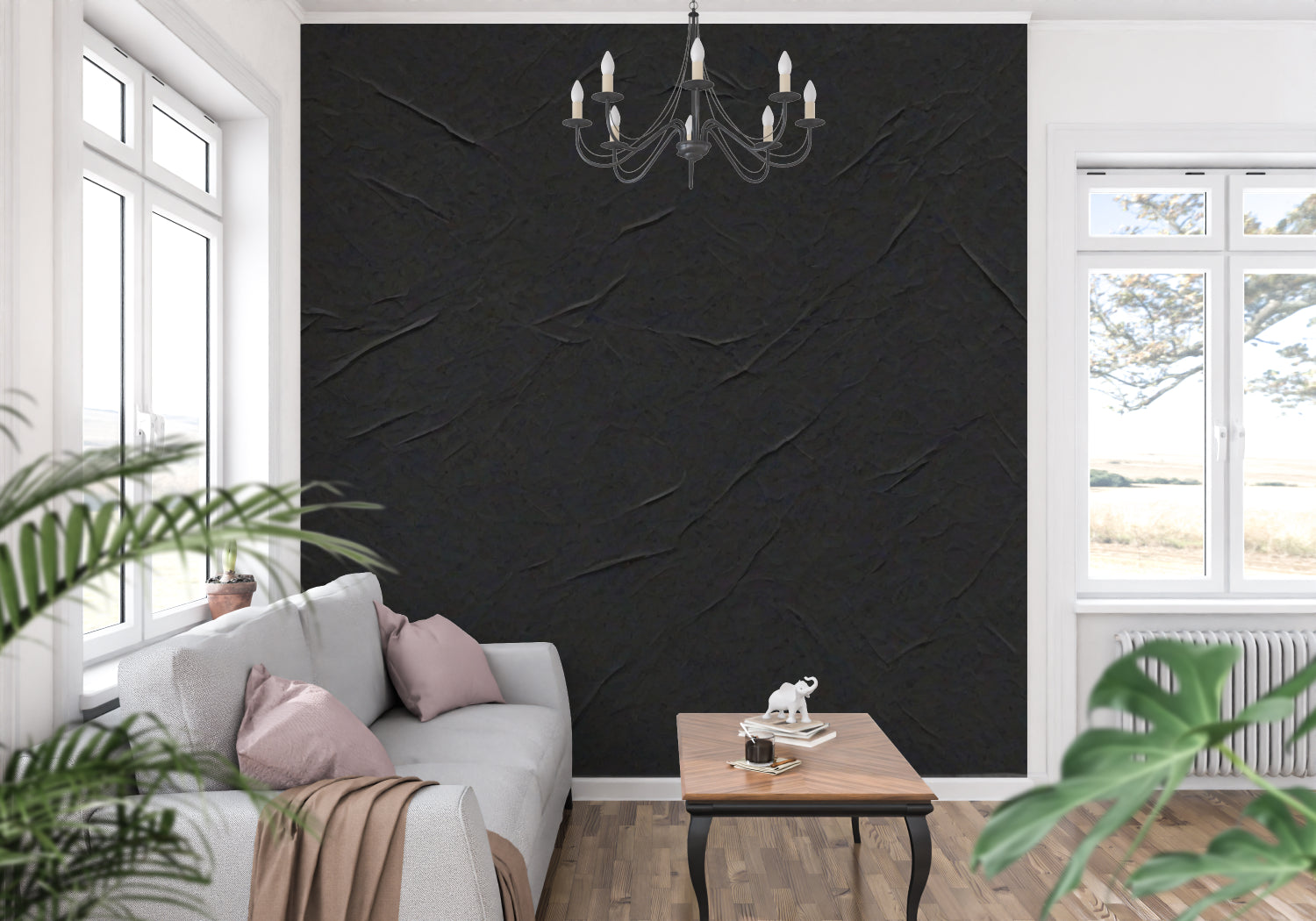 Textured black wall mural in contemporary hallway with modern art