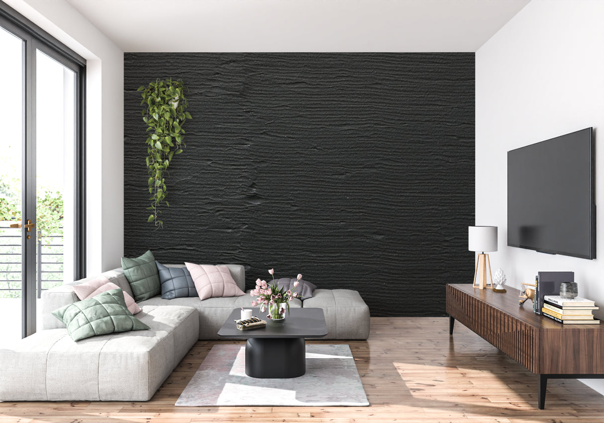 Modern black wave wallpaper in minimalist dining space with wooden furniture