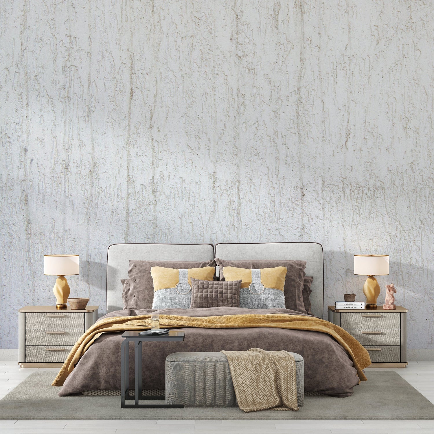 Textured relief wallpaper creating depth in minimal bedroom setting