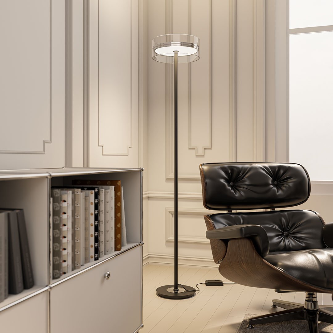 Modern LED Floor Lamp Glass Disc Shade with Metal Stand - Product showcase