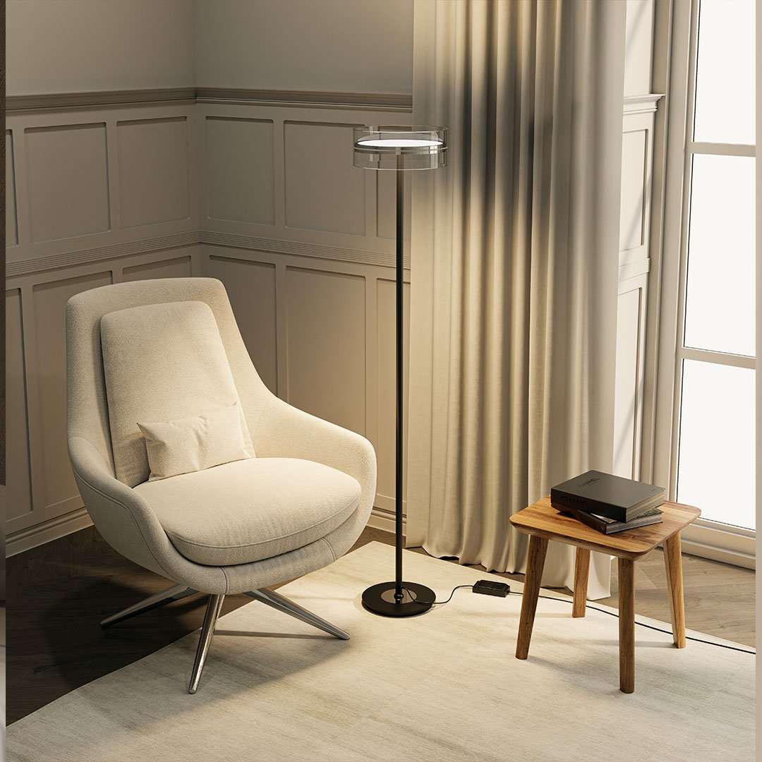 Modern LED Floor Lamp Glass Disc Shade with Metal Stand - Detailed view