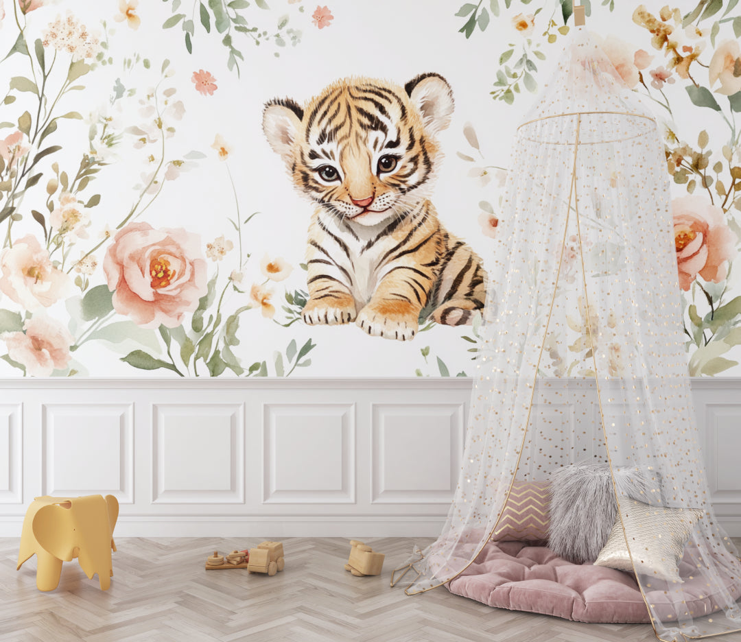 Baby tiger wallpaper creating a sweet atmosphere in a modern children's playroom