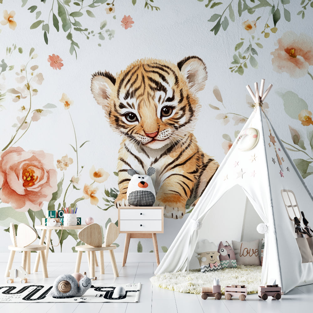 Floral tiger wallpaper showcased in a peaceful reading nook with natural light
