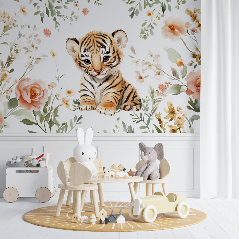 Watercolor tiger nursery mural in a minimalist white bedroom with wooden accents