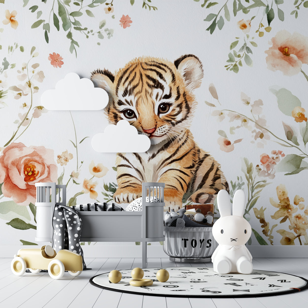 Tiger cub wall design displayed in a modern gender-neutral nursery setting