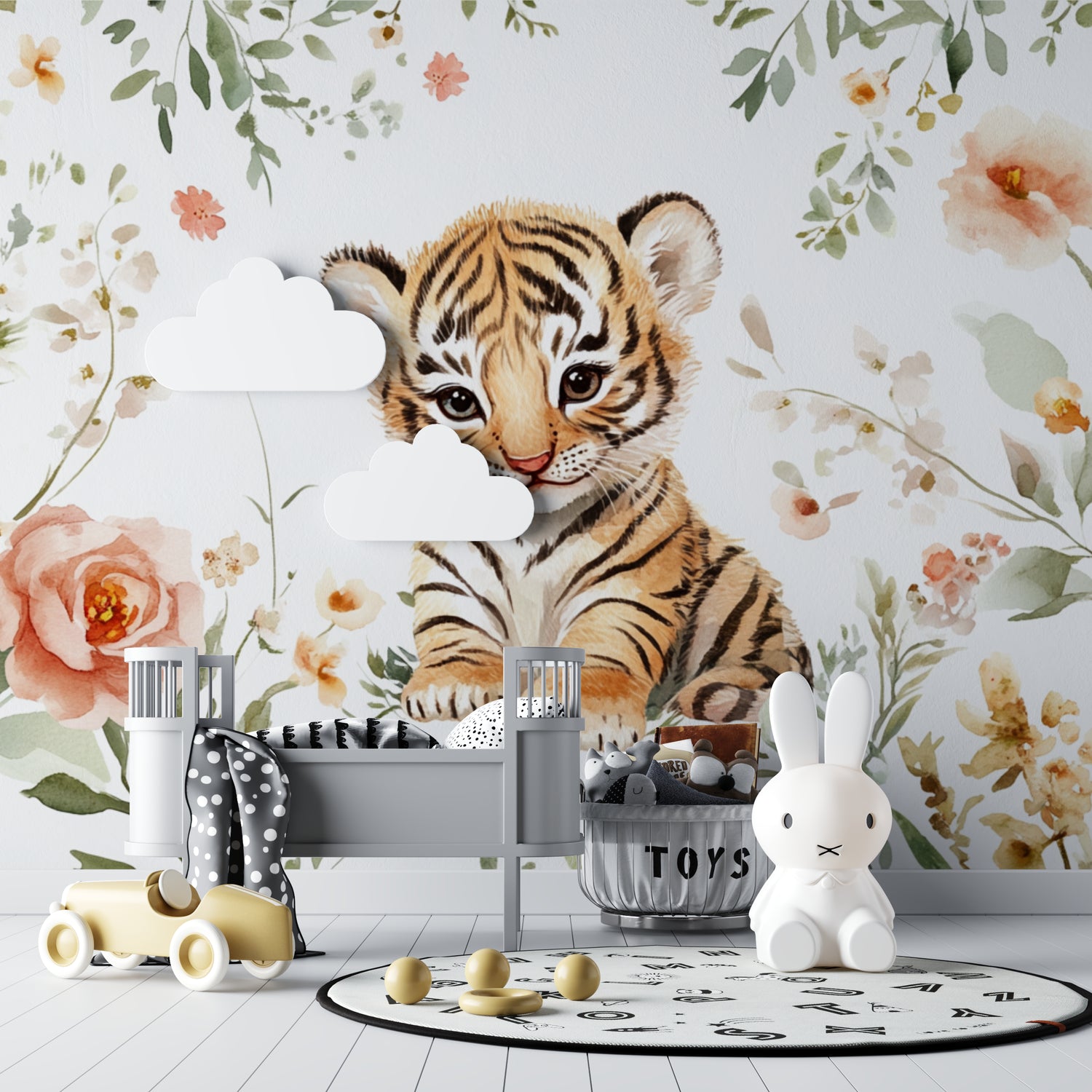 Tiger cub wall design displayed in a modern gender-neutral nursery setting