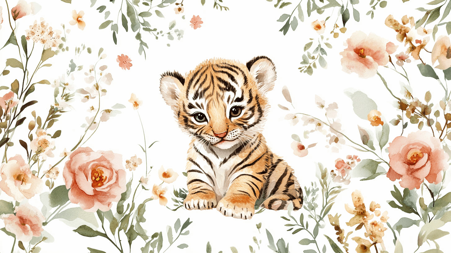 Tiger cub and floral watercolor design file showing intricate pattern details