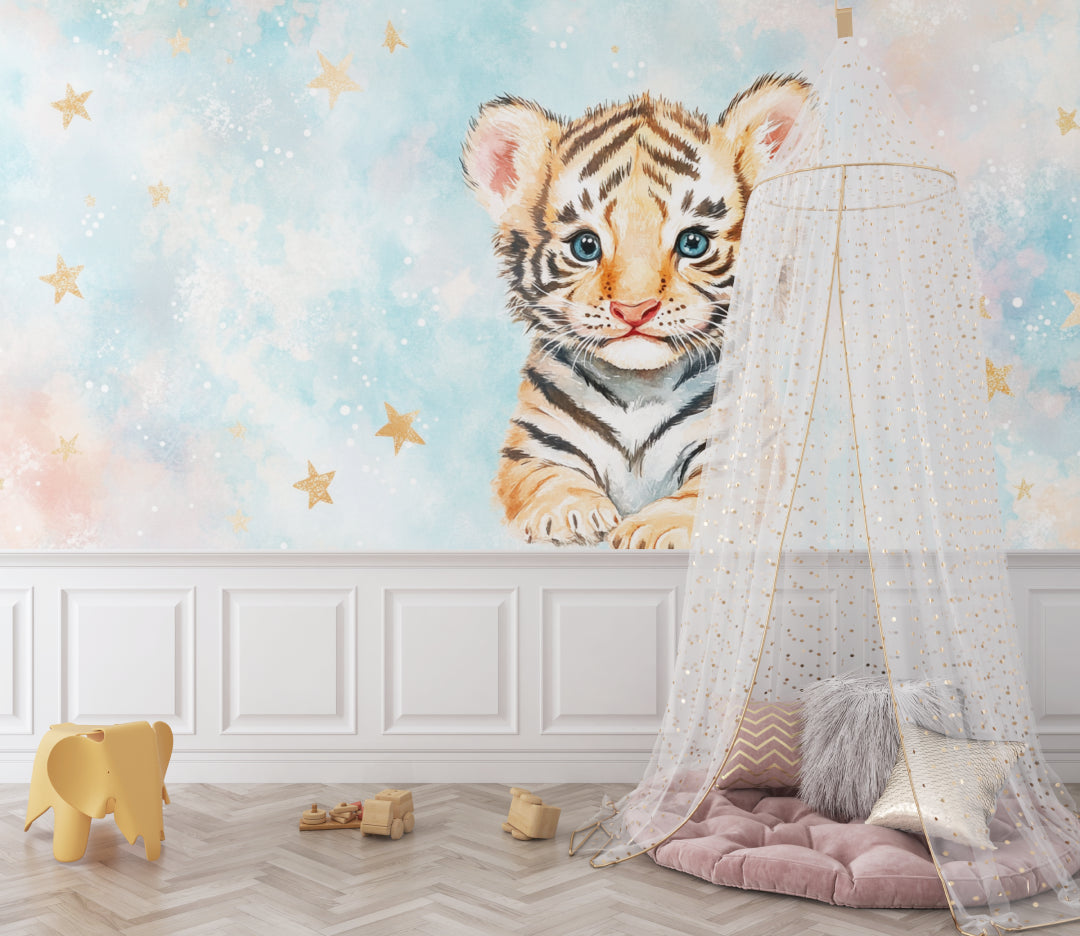 Baby Tiger Mural in children's bedroom with reading nook, creating cozy atmosphere