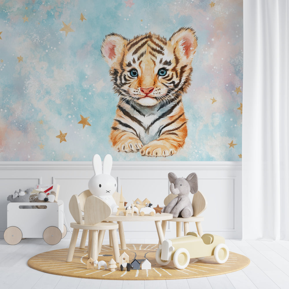 Tiger Nursery Wallpaper in playroom setting with natural lighting highlighting golden stars