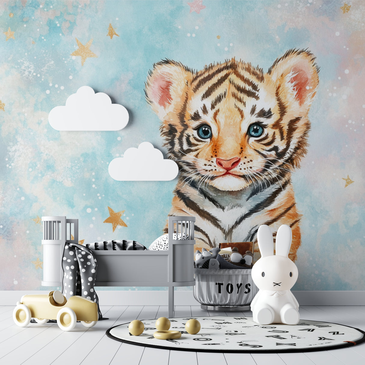 Baby Tiger Wallpaper in toddler room showing scale and full wall application
