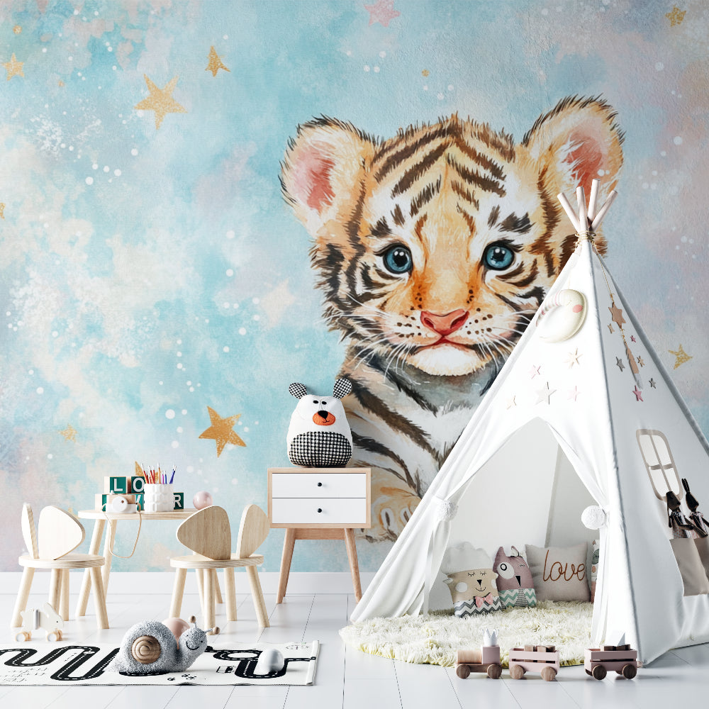 Tiger Cub Mural close-up in girl's bedroom showing detailed star pattern