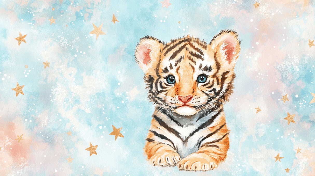 Tiger Cub with Stars design file showing intricate watercolor details and golden star pattern