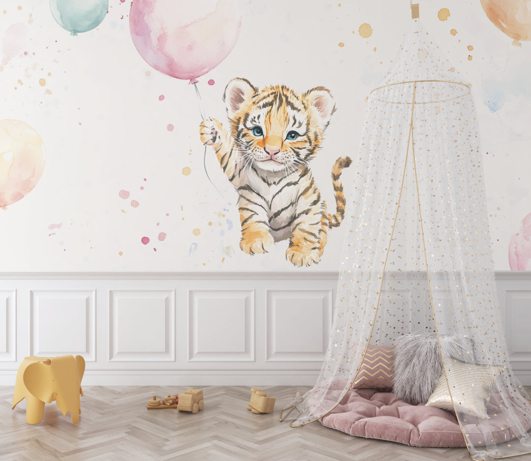 Tiger nursery wallpaper showcased in a gender-neutral baby room
