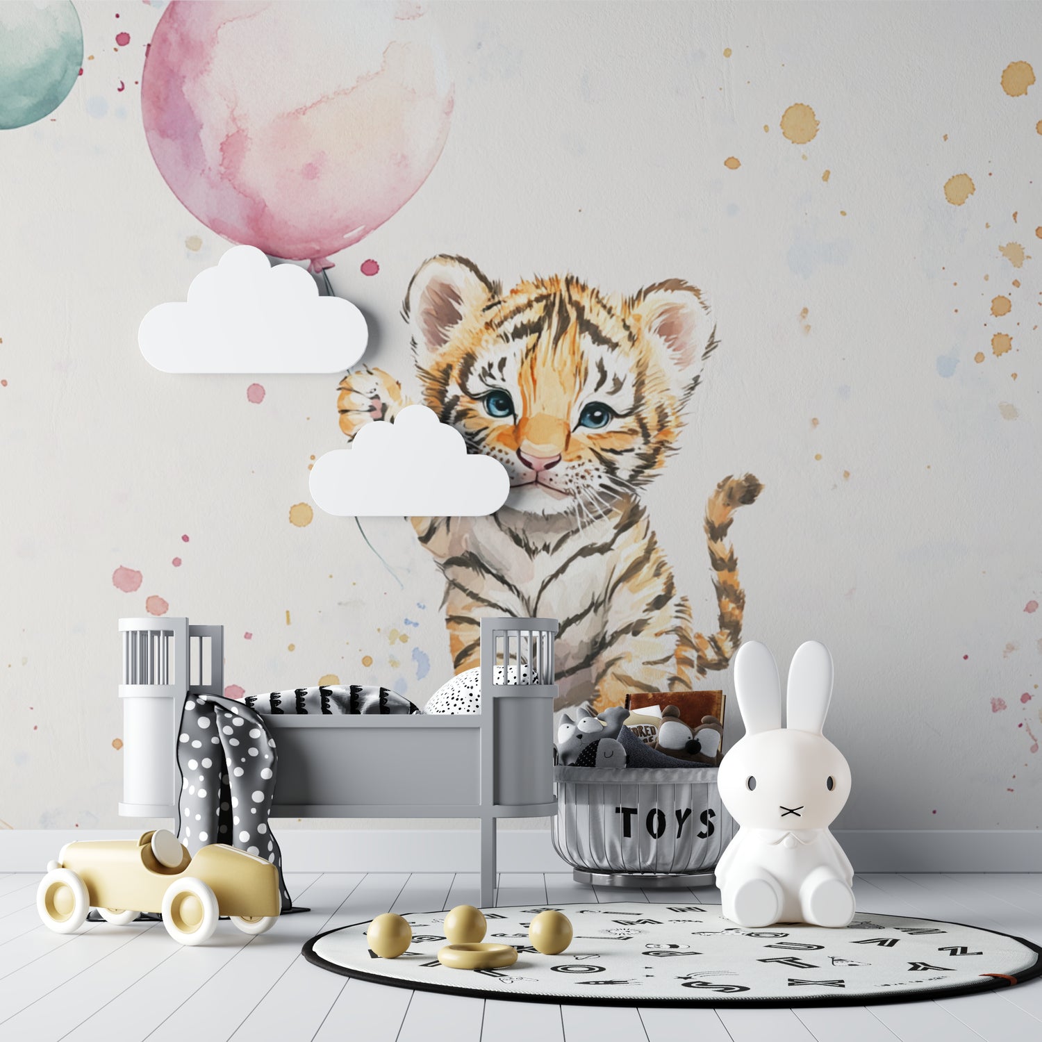 Baby tiger wall mural bringing charm to a daycare reading area