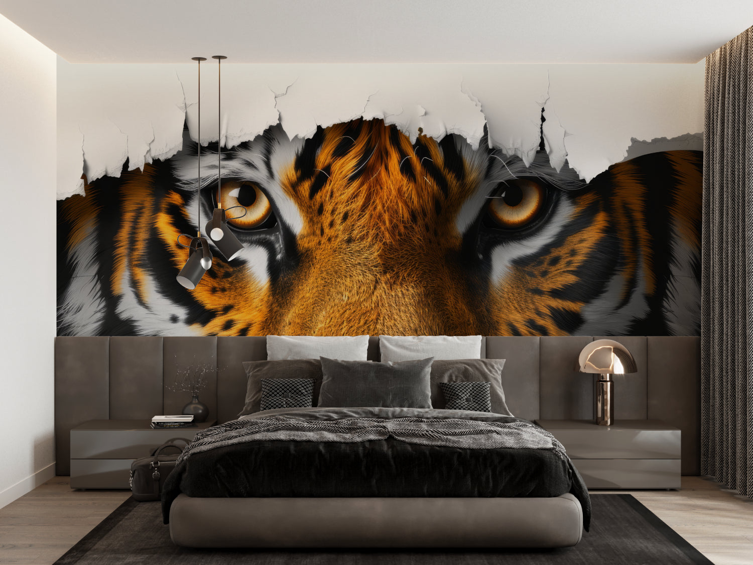 Dramatic tiger eyes mural transforming urban loft space with industrial decor