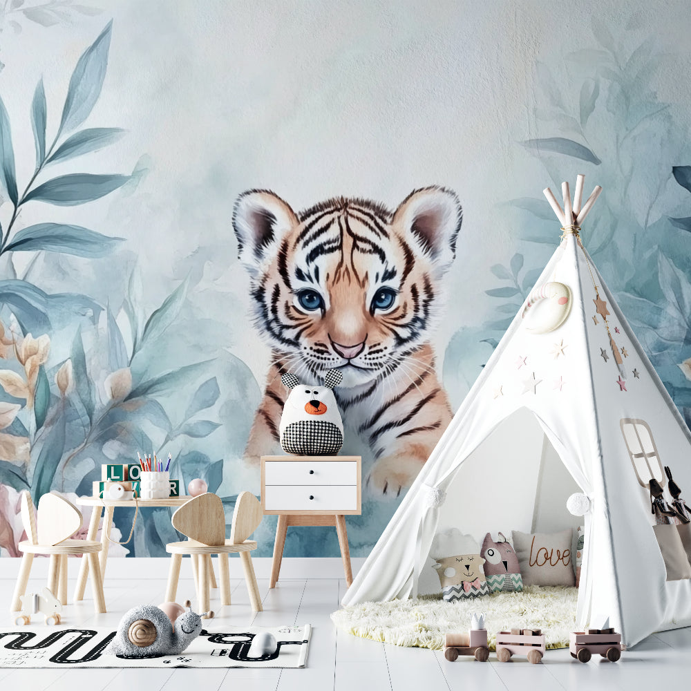 Baby Tiger Wallpaper creating a magical atmosphere in a modern nursery with soft blue and beige tones