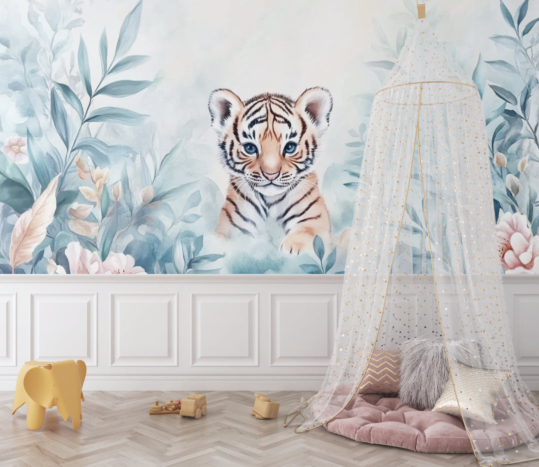 Tiger Cub Wallpaper creating depth in a small nursery corner