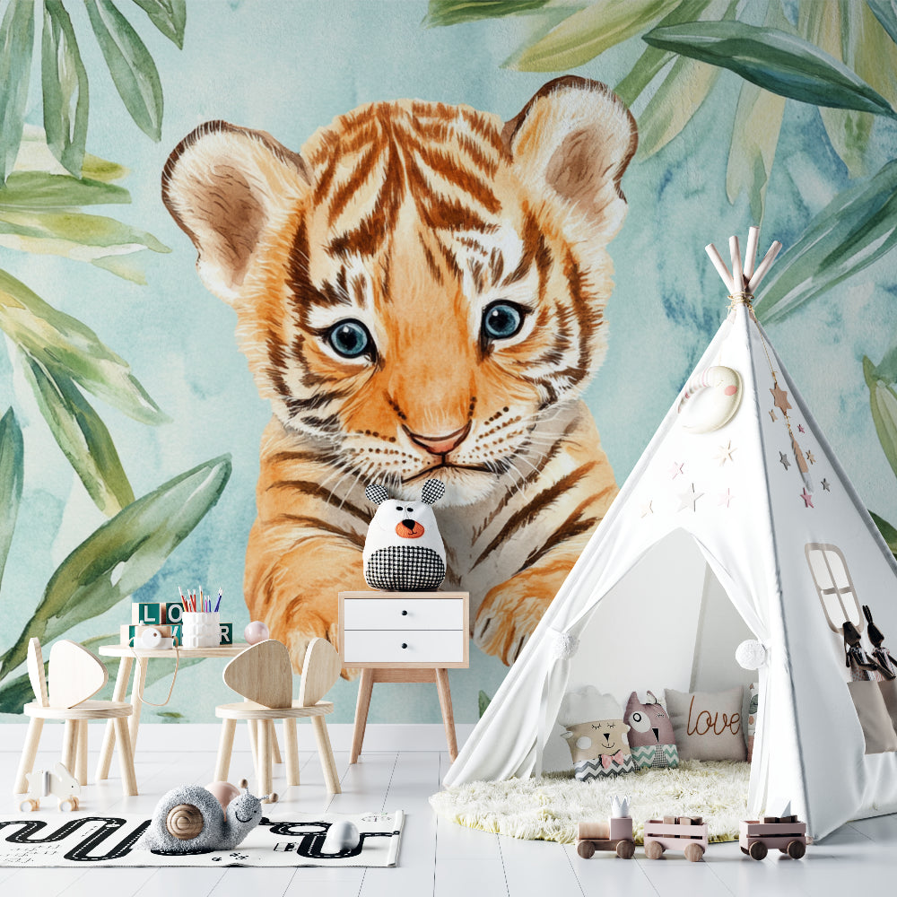 Tropical tiger mural brightening up a child's reading nook with cozy pillows
