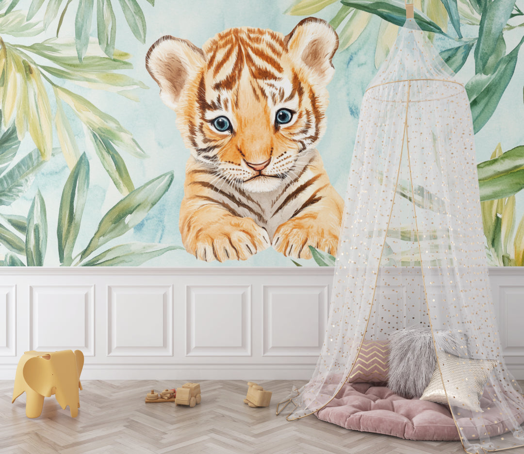 Jungle tiger wallpaper transforming a playroom with natural light and wooden furniture