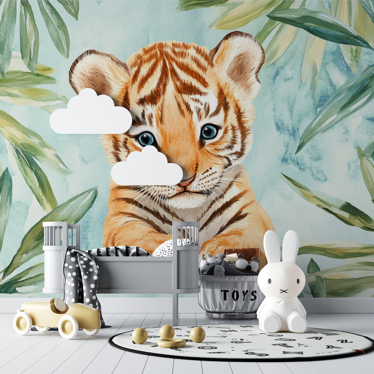 Baby tiger wall mural in a gender-neutral bedroom with minimalist decor