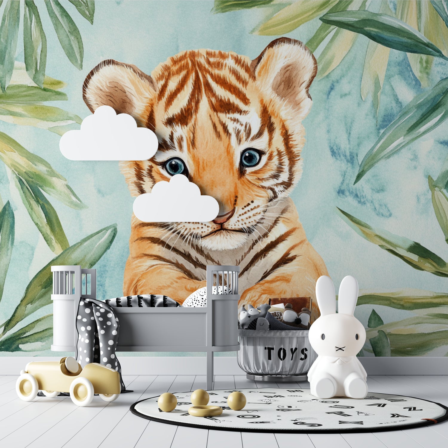 Baby tiger wall mural in a gender-neutral bedroom with minimalist decor