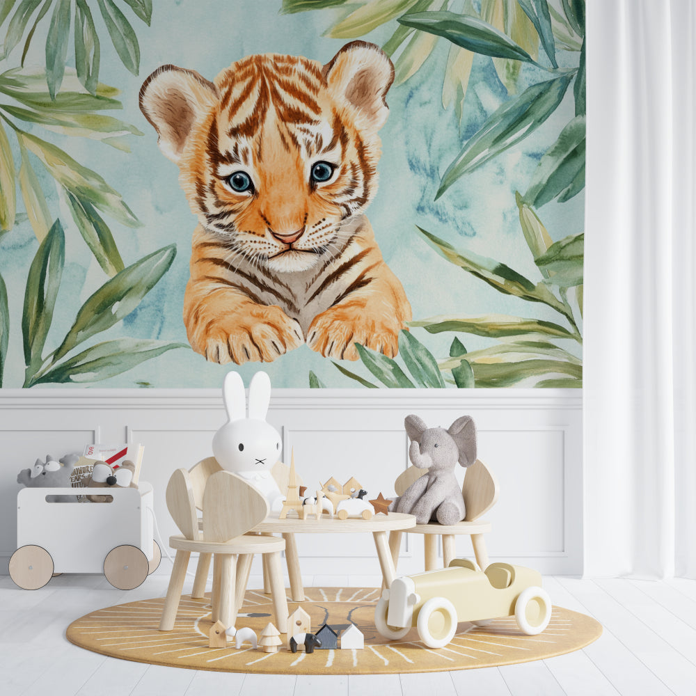Tiger cub wallpaper creating depth in a small kids' bedroom with white furniture