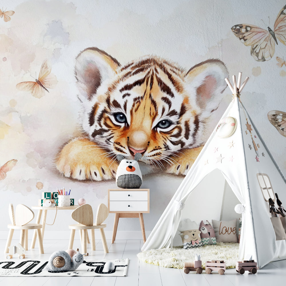 Baby tiger wall mural displayed in a modern children's bedroom with natural light