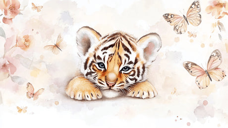 Design file showing detailed baby tiger and butterfly pattern with soft beige background
