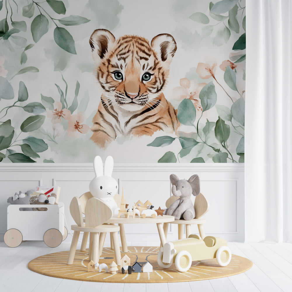 Baby Tiger Cub wallpaper in a modern nursery with white furniture and natural light