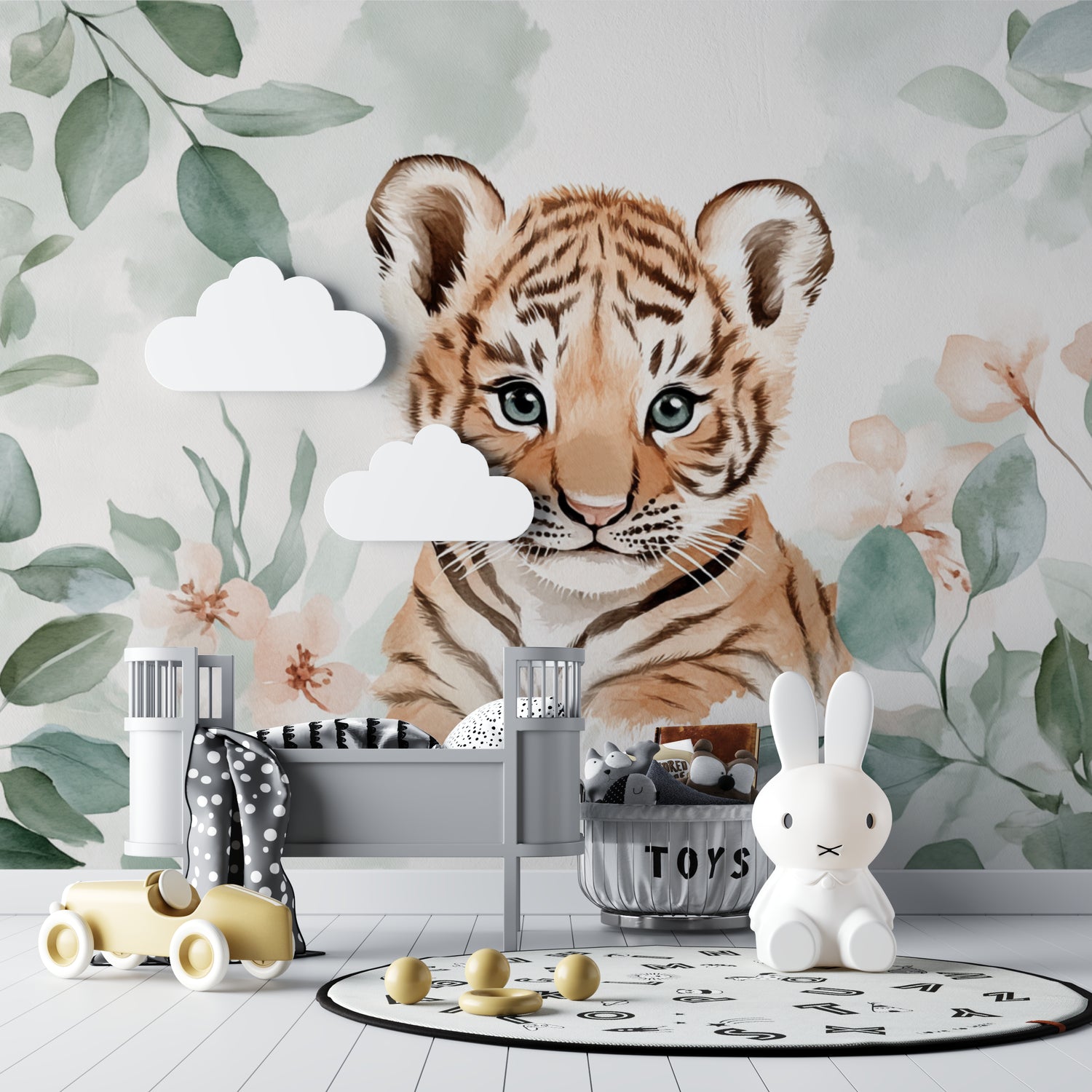 Tiger Cub mural creating a focal point in a playroom with soft toys