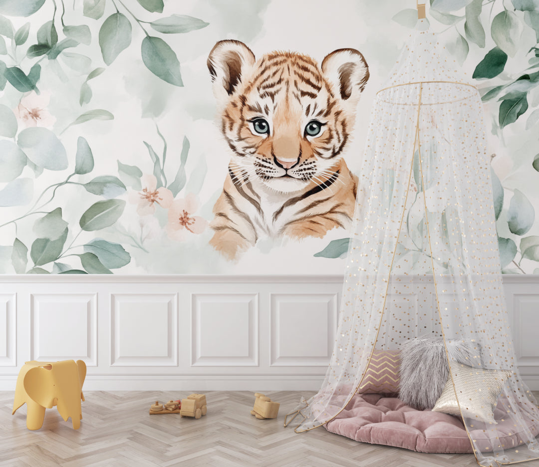 Gentle Tiger Cub wallpaper in a children's reading nook with cozy seating