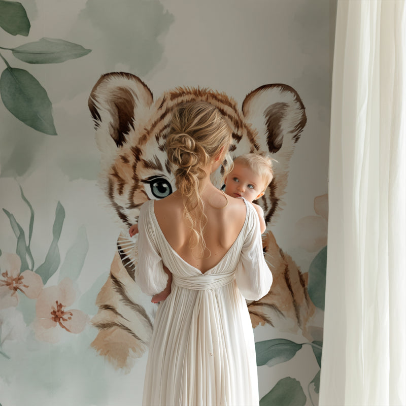 Baby Tiger wallpaper in a gender-neutral nursery with wooden accents