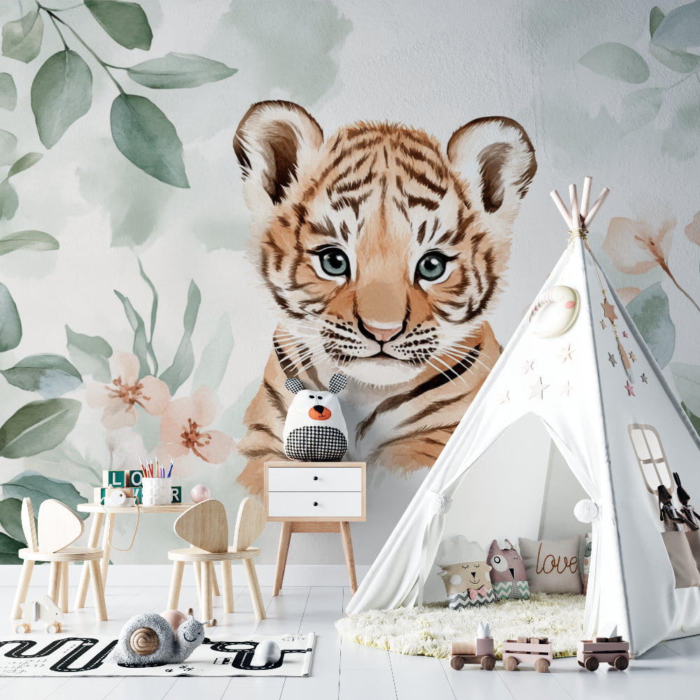 Tiger Cub mural styled in a Scandinavian children's bedroom