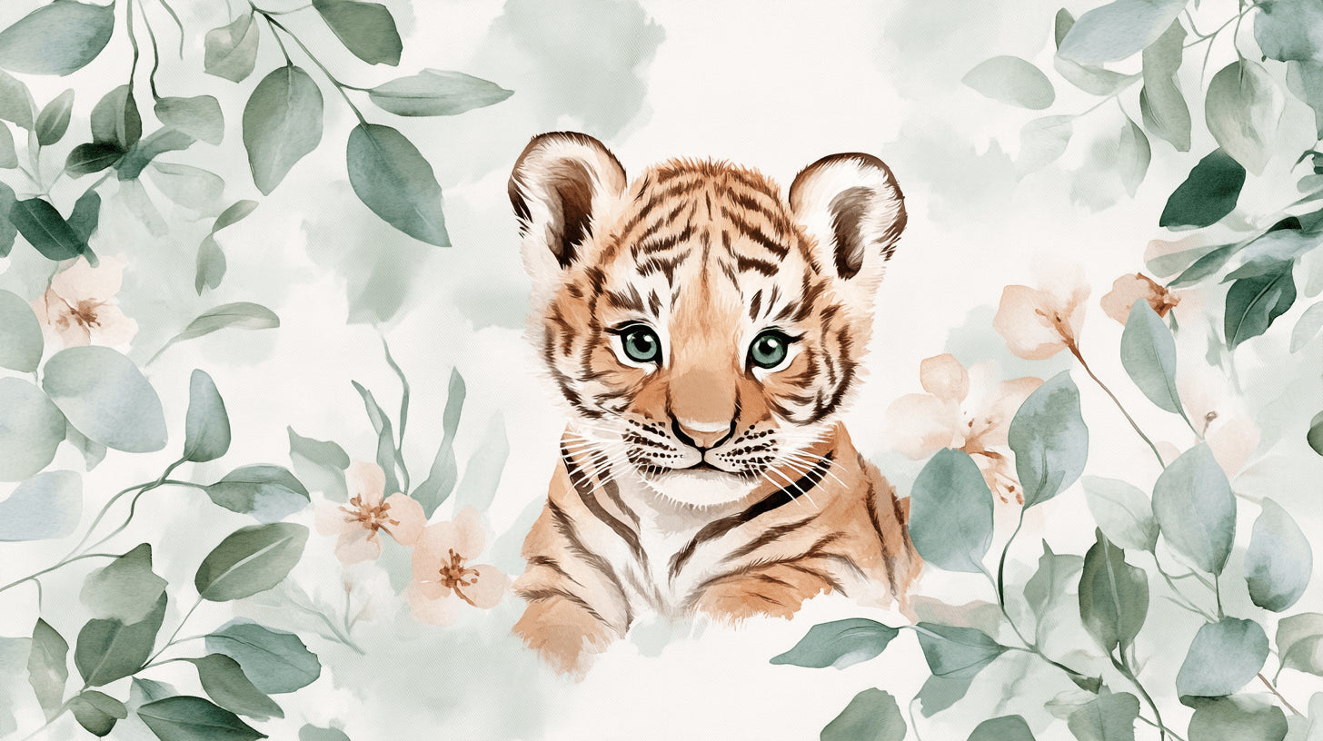 Baby Tiger Cub with Eucalyptus Leaves design file showing intricate watercolor details