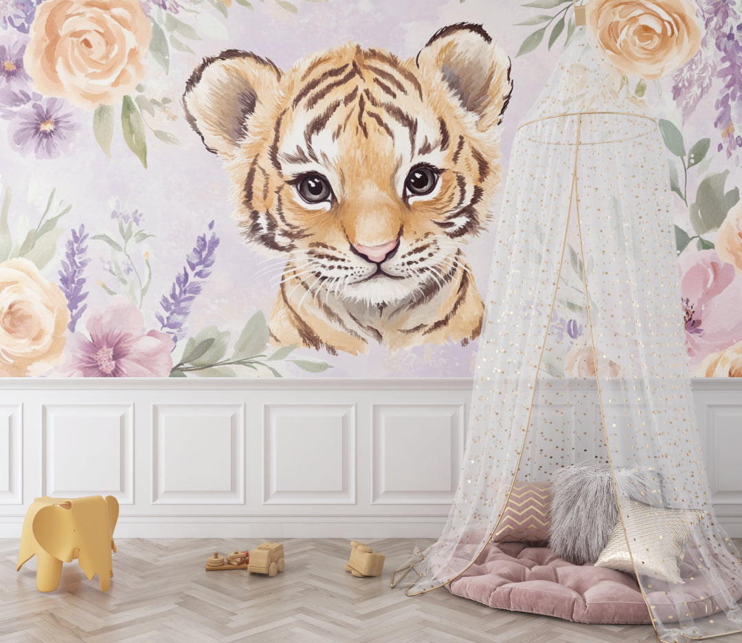 Baby tiger wallpaper creating focal point in pink children's bedroom