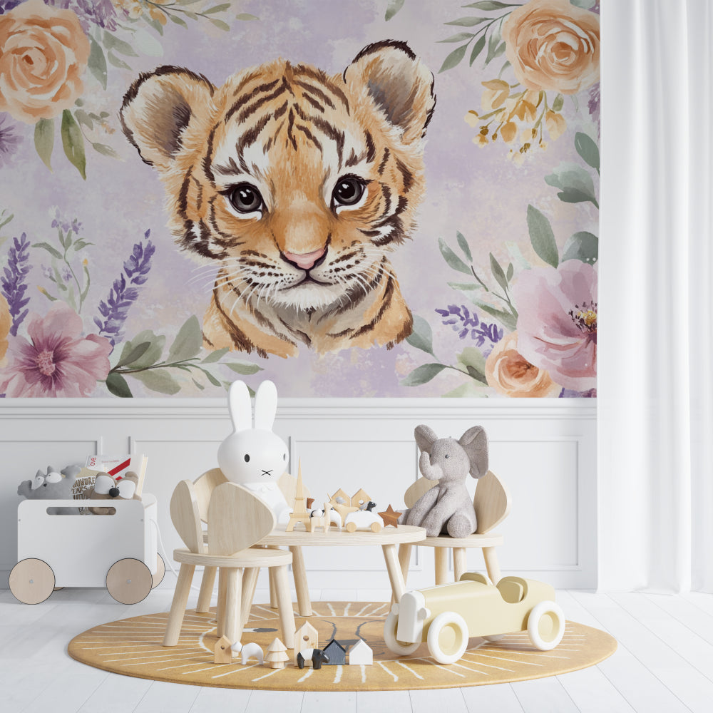 Nursery tiger mural installed above white crib with matching decor