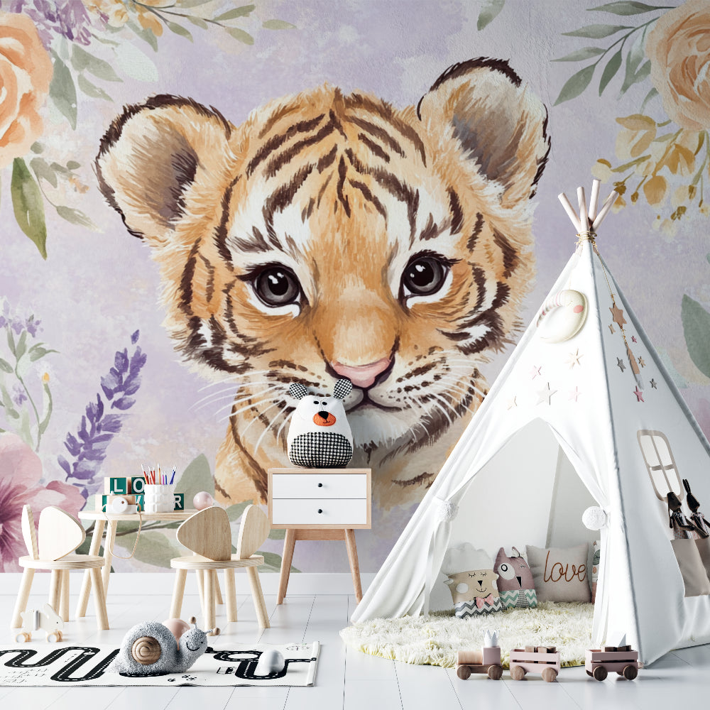 Tiger cub wall mural in playroom with natural wood elements