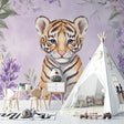 Baby tiger wallpaper in a modern white nursery with purple accents and wooden furniture