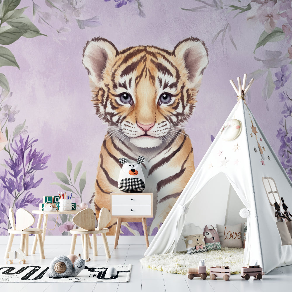 Baby tiger wallpaper in a modern white nursery with purple accents and wooden furniture