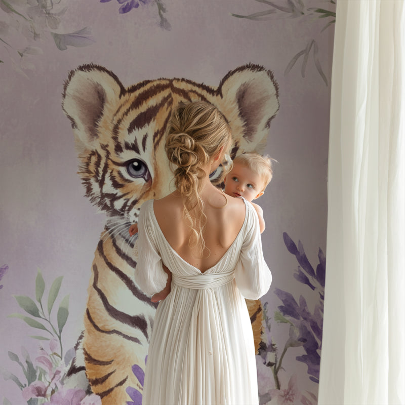 Purple floral tiger mural creating a cozy reading nook in a child's bedroom