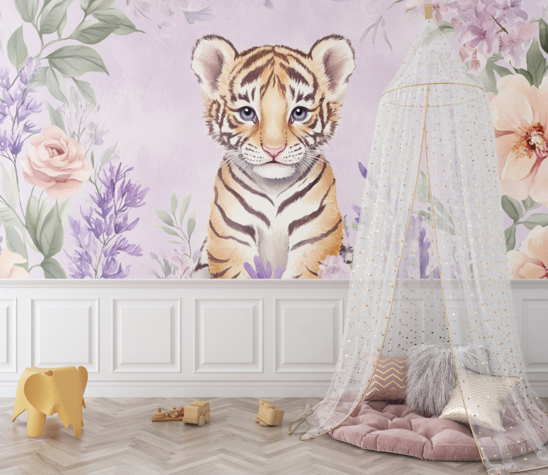 Tiger cub wallpaper bringing charm to a playroom with natural lighting